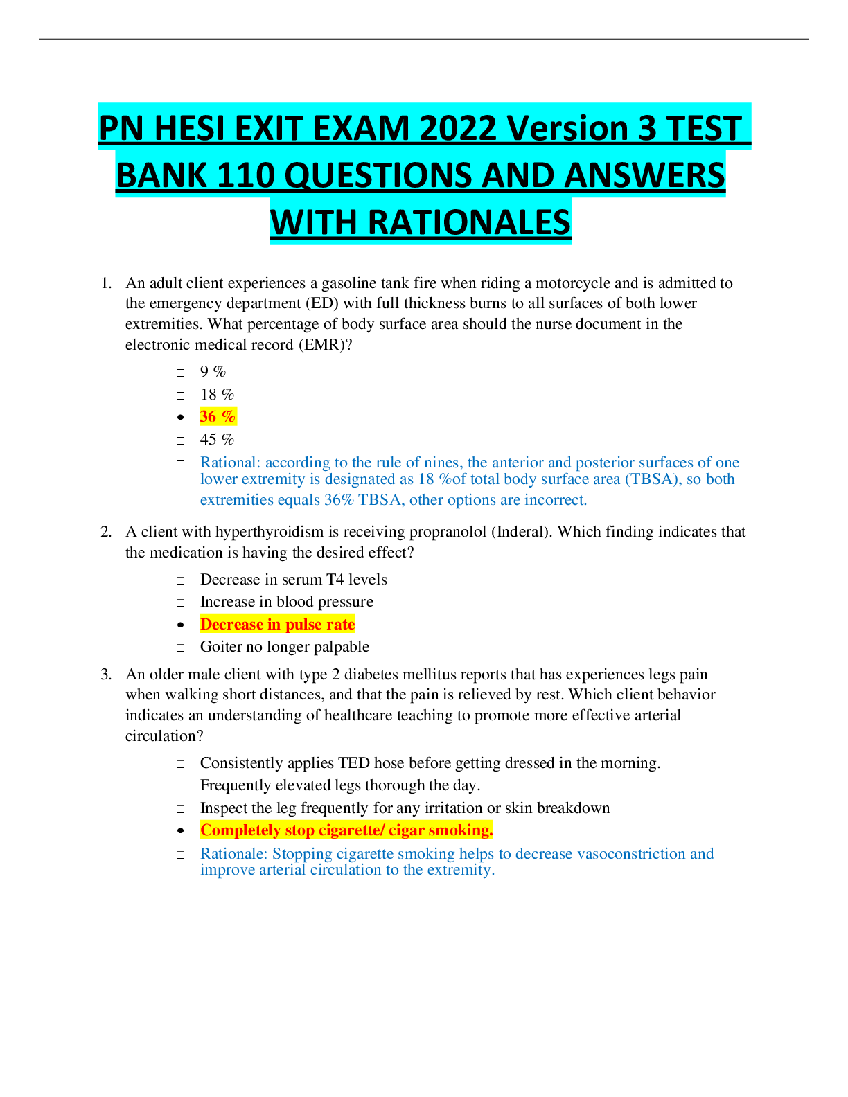 Preview of PN HESI EXIT EXAM 2022 Version 3 TEST BANK 110 QUESTIONS AND ANSWER